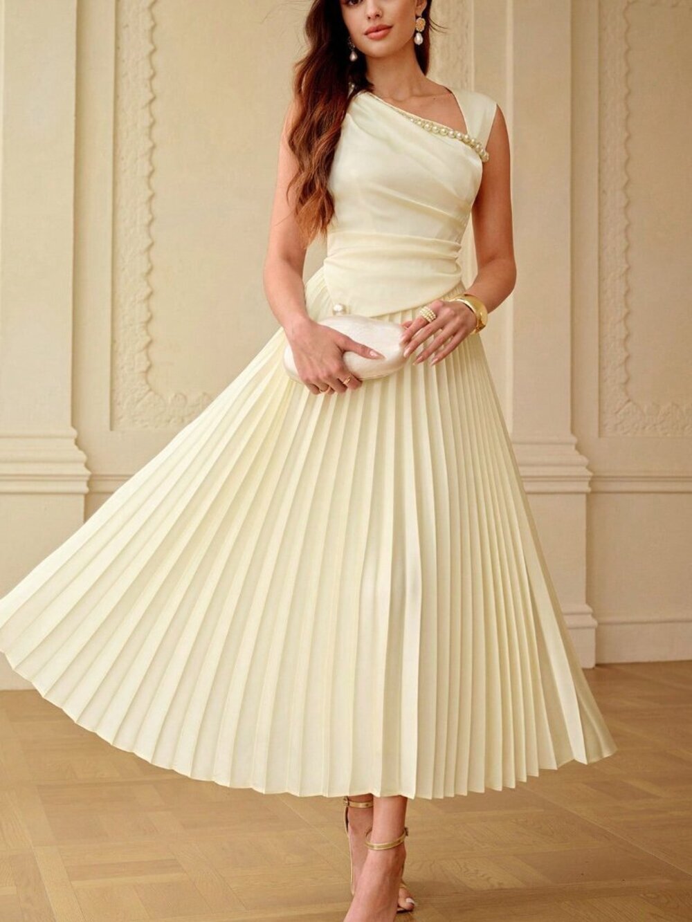 Apricot Elegant Women's Waist Cinching Ruched Pearl Chain Decor Maxi Dress